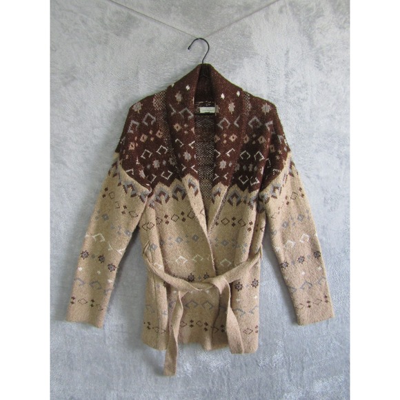 Lucky Brand Sweaters - Lucky Brand Womens M Brown Tan Fair Isle Shawl Collar Belted Cardigan‎ Sweater